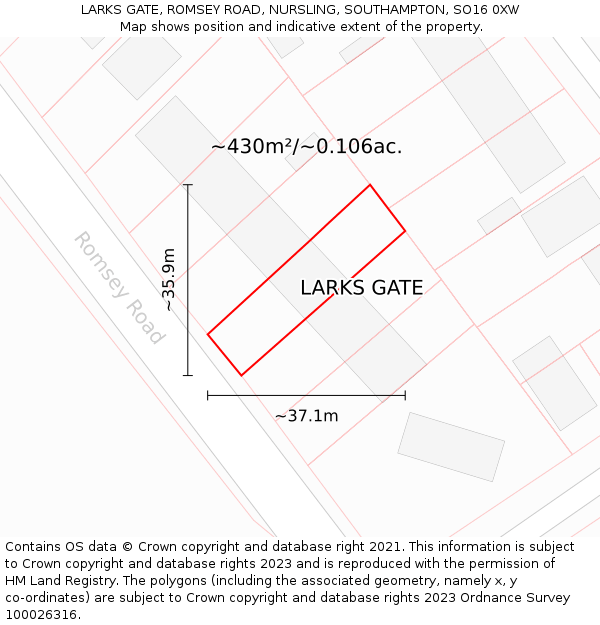 LARKS GATE, ROMSEY ROAD, NURSLING, SOUTHAMPTON, SO16 0XW: Plot and title map