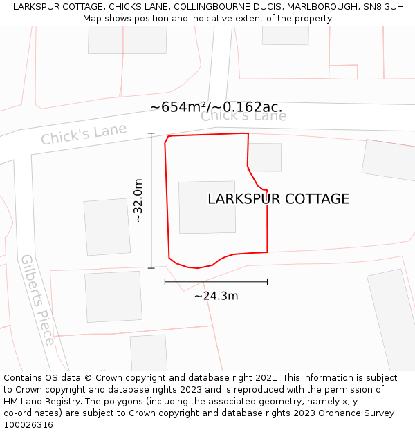 LARKSPUR COTTAGE, CHICKS LANE, COLLINGBOURNE DUCIS, MARLBOROUGH, SN8 3UH: Plot and title map
