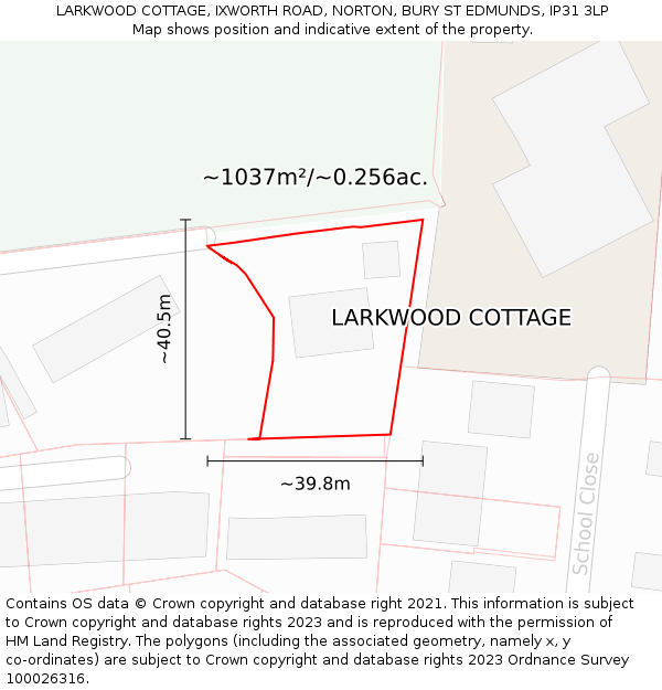 LARKWOOD COTTAGE, IXWORTH ROAD, NORTON, BURY ST EDMUNDS, IP31 3LP: Plot and title map