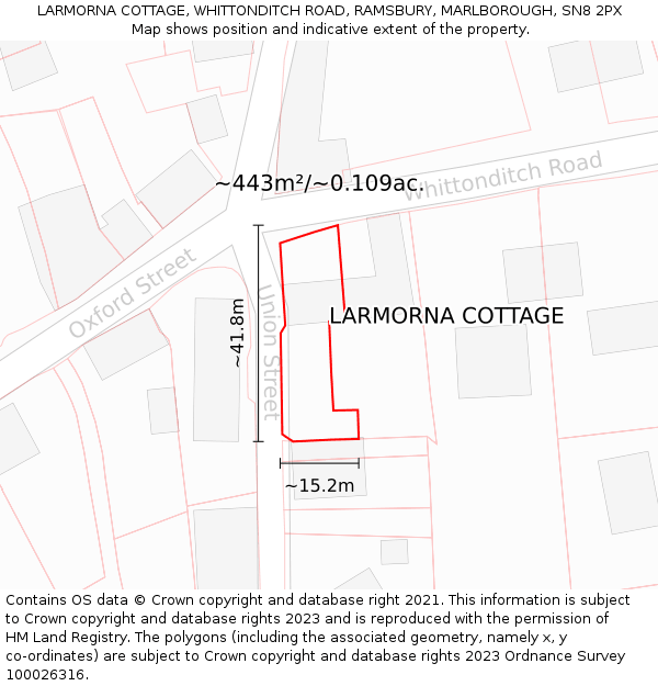 LARMORNA COTTAGE, WHITTONDITCH ROAD, RAMSBURY, MARLBOROUGH, SN8 2PX: Plot and title map