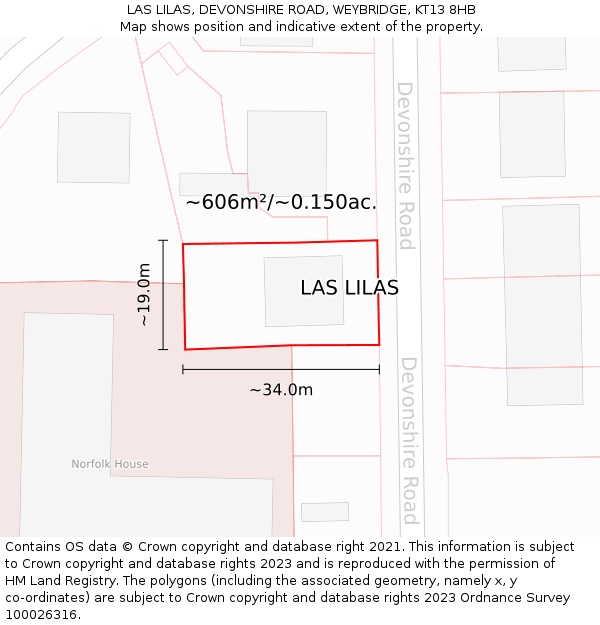 LAS LILAS, DEVONSHIRE ROAD, WEYBRIDGE, KT13 8HB: Plot and title map