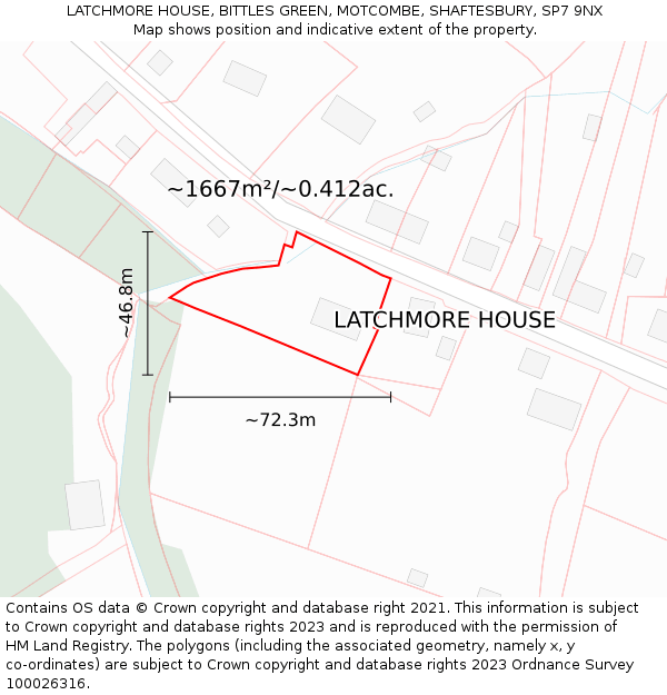 LATCHMORE HOUSE, BITTLES GREEN, MOTCOMBE, SHAFTESBURY, SP7 9NX: Plot and title map