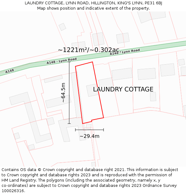 LAUNDRY COTTAGE, LYNN ROAD, HILLINGTON, KING'S LYNN, PE31 6BJ: Plot and title map