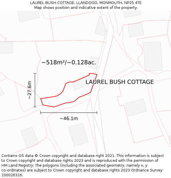 LAUREL BUSH COTTAGE, LLANDOGO, MONMOUTH, NP25 4TE: Plot and title map