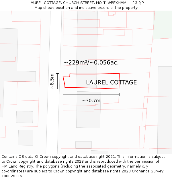 LAUREL COTTAGE, CHURCH STREET, HOLT, WREXHAM, LL13 9JP: Plot and title map