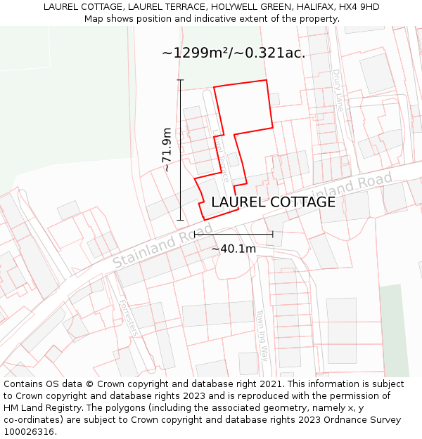 LAUREL COTTAGE, LAUREL TERRACE, HOLYWELL GREEN, HALIFAX, HX4 9HD: Plot and title map