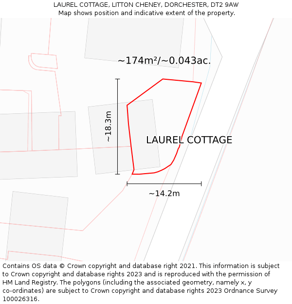LAUREL COTTAGE, LITTON CHENEY, DORCHESTER, DT2 9AW: Plot and title map