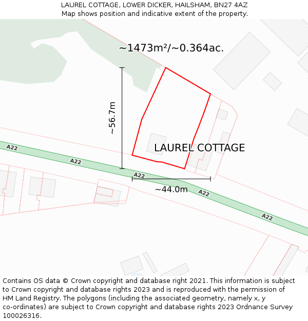 LAUREL COTTAGE, LOWER DICKER, HAILSHAM, BN27 4AZ: Plot and title map