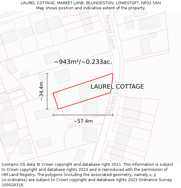 LAUREL COTTAGE, MARKET LANE, BLUNDESTON, LOWESTOFT, NR32 5AN: Plot and title map