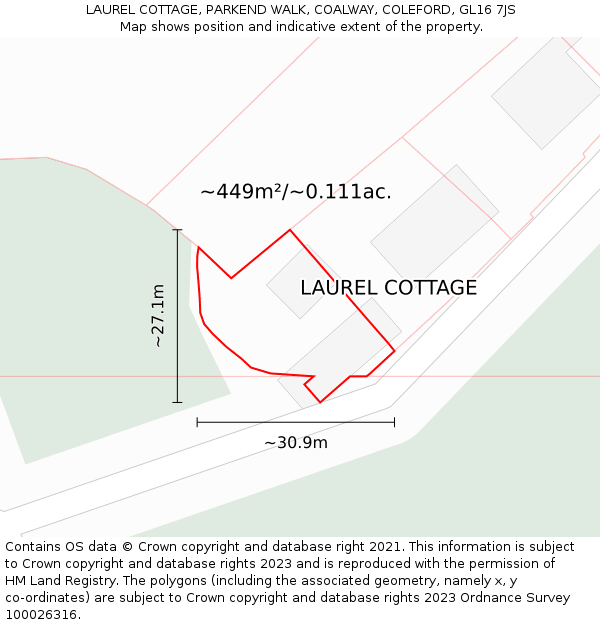 LAUREL COTTAGE, PARKEND WALK, COALWAY, COLEFORD, GL16 7JS: Plot and title map