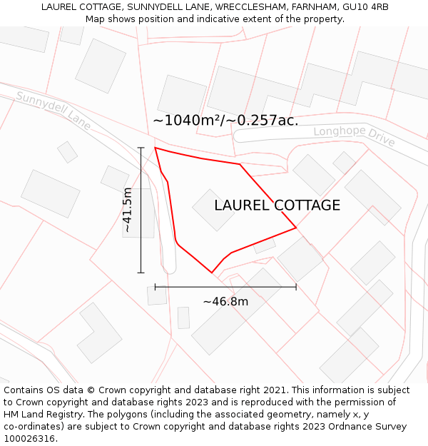 LAUREL COTTAGE, SUNNYDELL LANE, WRECCLESHAM, FARNHAM, GU10 4RB: Plot and title map