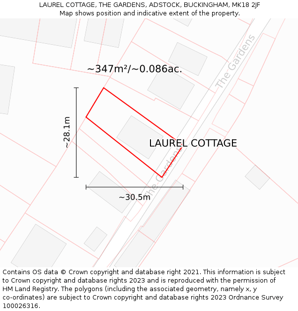 LAUREL COTTAGE, THE GARDENS, ADSTOCK, BUCKINGHAM, MK18 2JF: Plot and title map