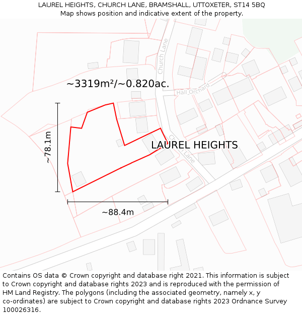 LAUREL HEIGHTS, CHURCH LANE, BRAMSHALL, UTTOXETER, ST14 5BQ: Plot and title map