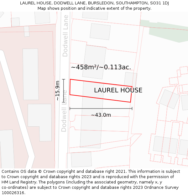LAUREL HOUSE, DODWELL LANE, BURSLEDON, SOUTHAMPTON, SO31 1DJ: Plot and title map