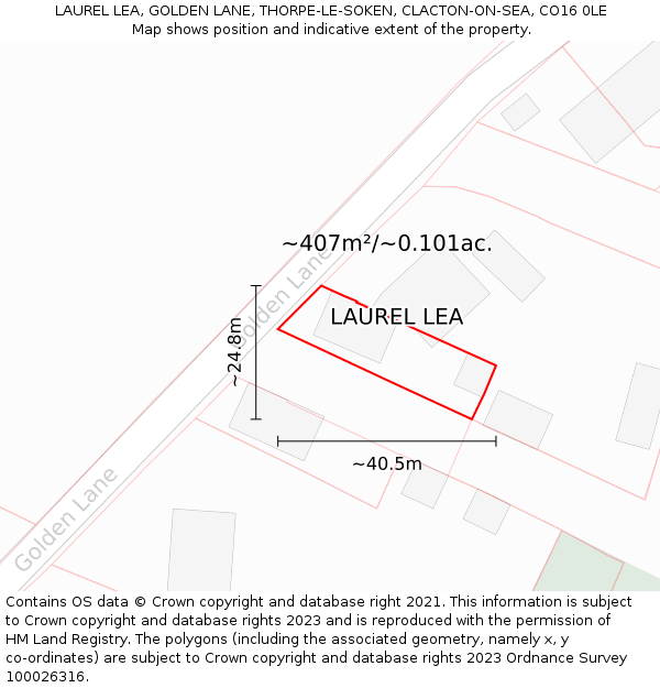 LAUREL LEA, GOLDEN LANE, THORPE-LE-SOKEN, CLACTON-ON-SEA, CO16 0LE: Plot and title map
