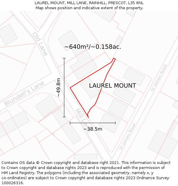LAUREL MOUNT, MILL LANE, RAINHILL, PRESCOT, L35 6NL: Plot and title map