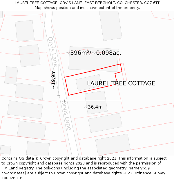 LAUREL TREE COTTAGE, ORVIS LANE, EAST BERGHOLT, COLCHESTER, CO7 6TT: Plot and title map