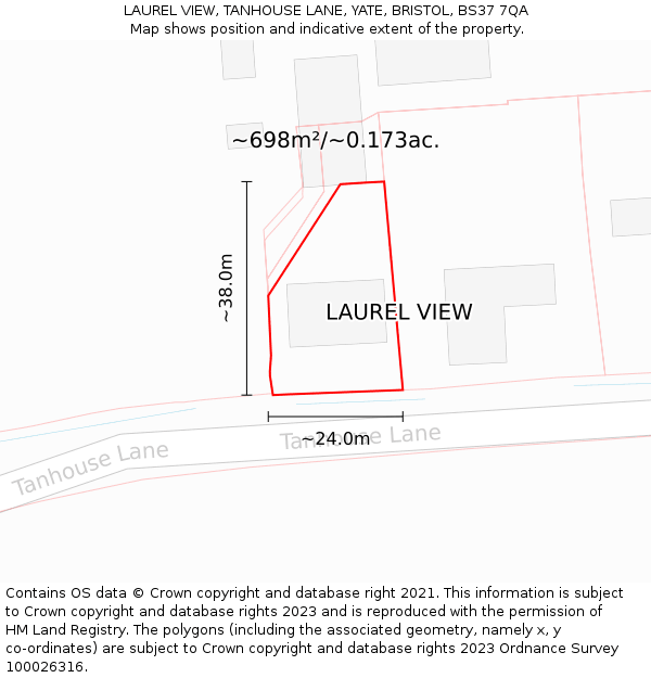 LAUREL VIEW, TANHOUSE LANE, YATE, BRISTOL, BS37 7QA: Plot and title map