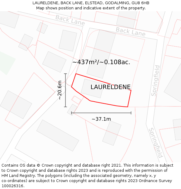 LAURELDENE, BACK LANE, ELSTEAD, GODALMING, GU8 6HB: Plot and title map