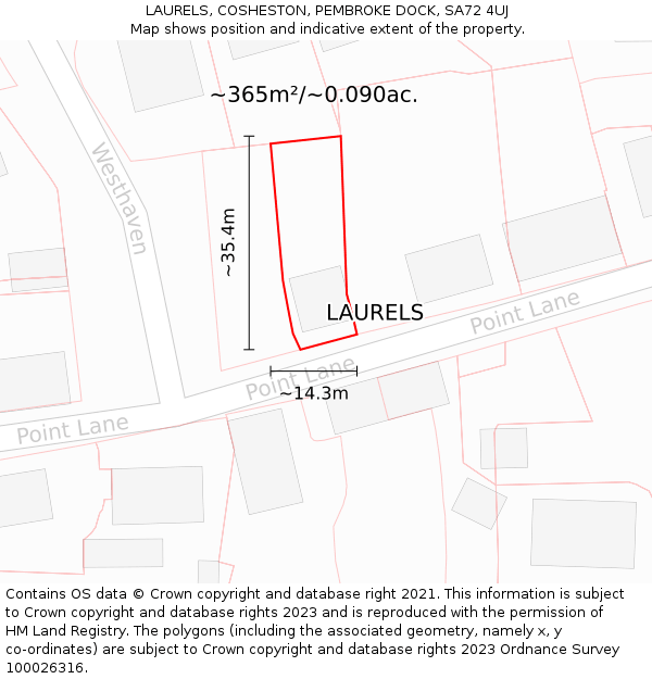 LAURELS, COSHESTON, PEMBROKE DOCK, SA72 4UJ: Plot and title map
