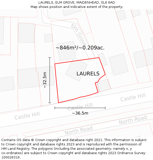 LAURELS, ELM GROVE, MAIDENHEAD, SL6 6AD: Plot and title map