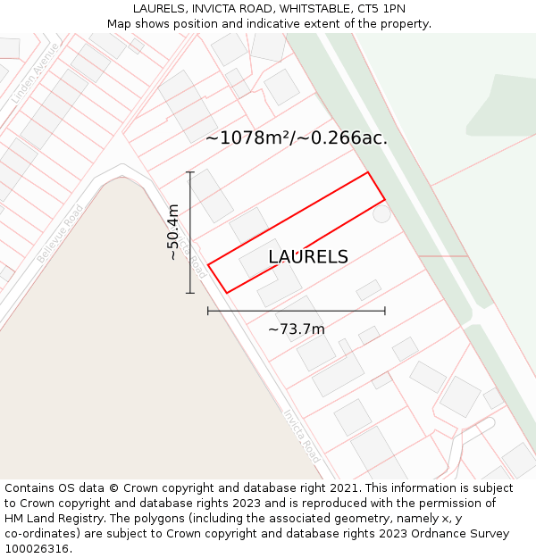 LAURELS, INVICTA ROAD, WHITSTABLE, CT5 1PN: Plot and title map