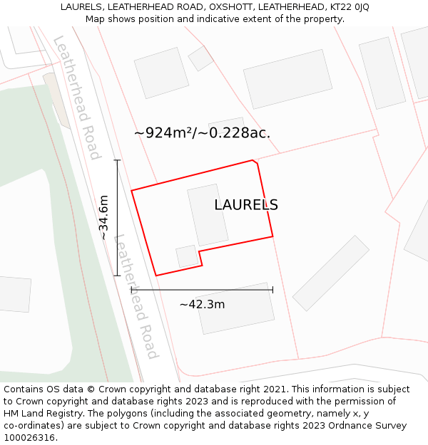 LAURELS, LEATHERHEAD ROAD, OXSHOTT, LEATHERHEAD, KT22 0JQ: Plot and title map