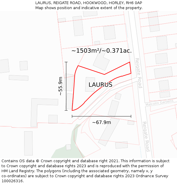 LAURUS, REIGATE ROAD, HOOKWOOD, HORLEY, RH6 0AP: Plot and title map