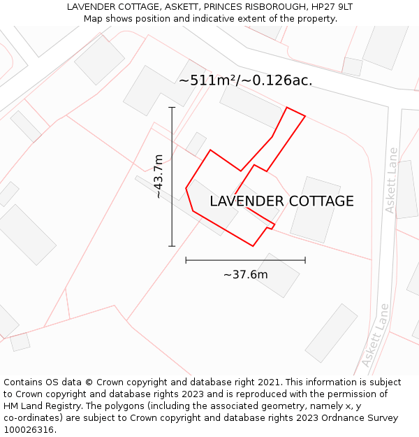 LAVENDER COTTAGE, ASKETT, PRINCES RISBOROUGH, HP27 9LT: Plot and title map