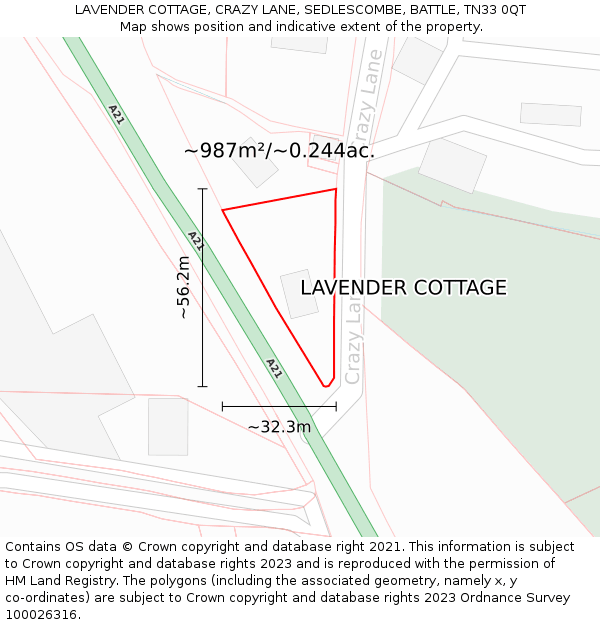 LAVENDER COTTAGE, CRAZY LANE, SEDLESCOMBE, BATTLE, TN33 0QT: Plot and title map