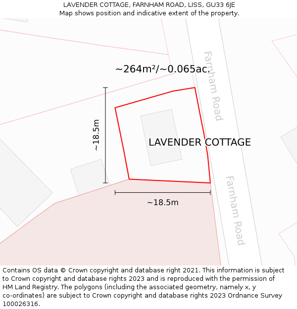 LAVENDER COTTAGE, FARNHAM ROAD, LISS, GU33 6JE: Plot and title map