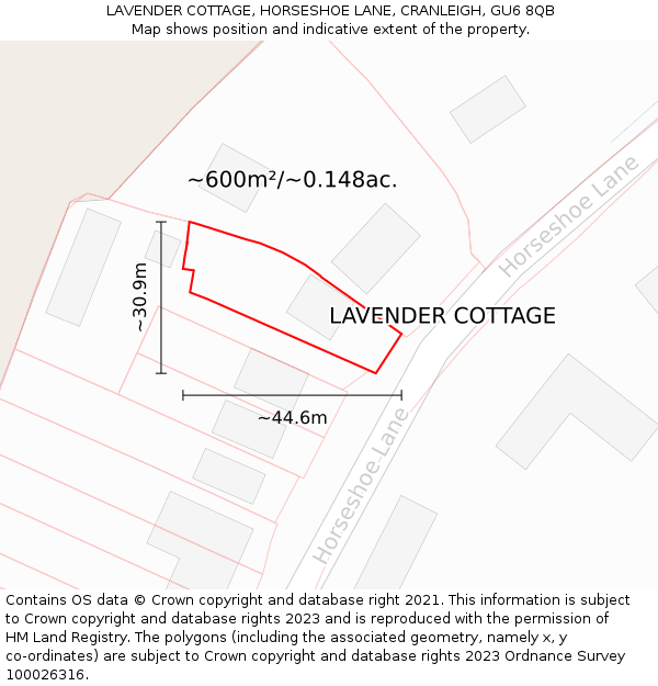 LAVENDER COTTAGE, HORSESHOE LANE, CRANLEIGH, GU6 8QB: Plot and title map