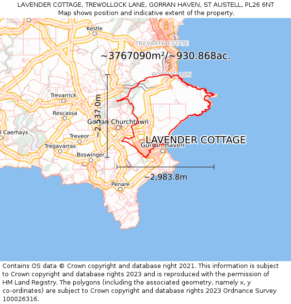 LAVENDER COTTAGE, TREWOLLOCK LANE, GORRAN HAVEN, ST AUSTELL, PL26 6NT: Plot and title map