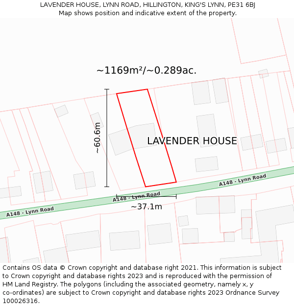 LAVENDER HOUSE, LYNN ROAD, HILLINGTON, KING'S LYNN, PE31 6BJ: Plot and title map