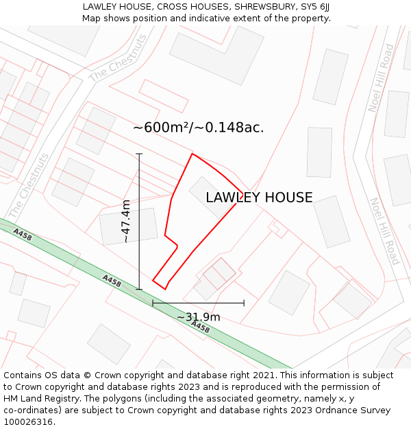 LAWLEY HOUSE, CROSS HOUSES, SHREWSBURY, SY5 6JJ: Plot and title map