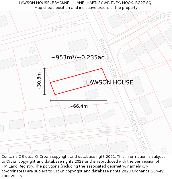LAWSON HOUSE, BRACKNELL LANE, HARTLEY WINTNEY, HOOK, RG27 8QL: Plot and title map