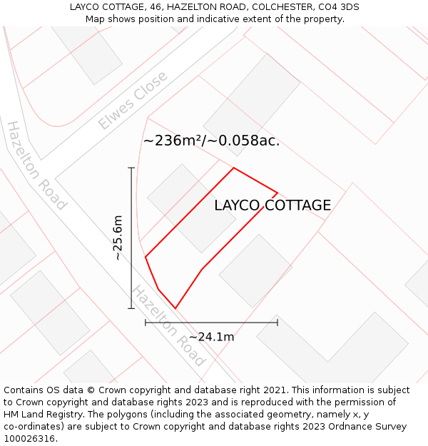 LAYCO COTTAGE, 46, HAZELTON ROAD, COLCHESTER, CO4 3DS: Plot and title map