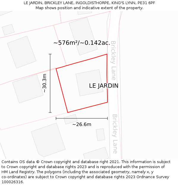 LE JARDIN, BRICKLEY LANE, INGOLDISTHORPE, KING'S LYNN, PE31 6PF: Plot and title map