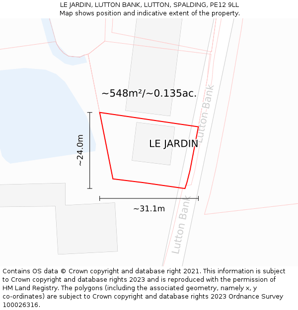 LE JARDIN, LUTTON BANK, LUTTON, SPALDING, PE12 9LL: Plot and title map