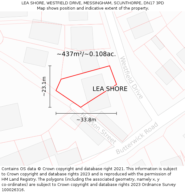 LEA SHORE, WESTFIELD DRIVE, MESSINGHAM, SCUNTHORPE, DN17 3PD: Plot and title map