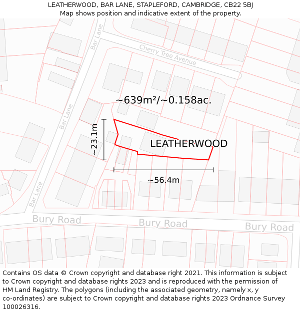 LEATHERWOOD, BAR LANE, STAPLEFORD, CAMBRIDGE, CB22 5BJ: Plot and title map