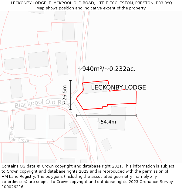 LECKONBY LODGE, BLACKPOOL OLD ROAD, LITTLE ECCLESTON, PRESTON, PR3 0YQ: Plot and title map