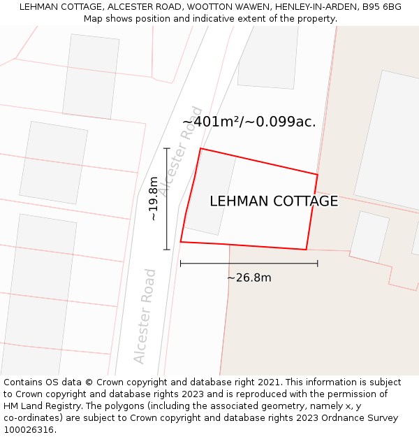 LEHMAN COTTAGE, ALCESTER ROAD, WOOTTON WAWEN, HENLEY-IN-ARDEN, B95 6BG: Plot and title map