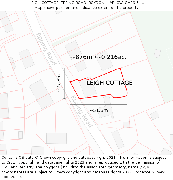 LEIGH COTTAGE, EPPING ROAD, ROYDON, HARLOW, CM19 5HU: Plot and title map
