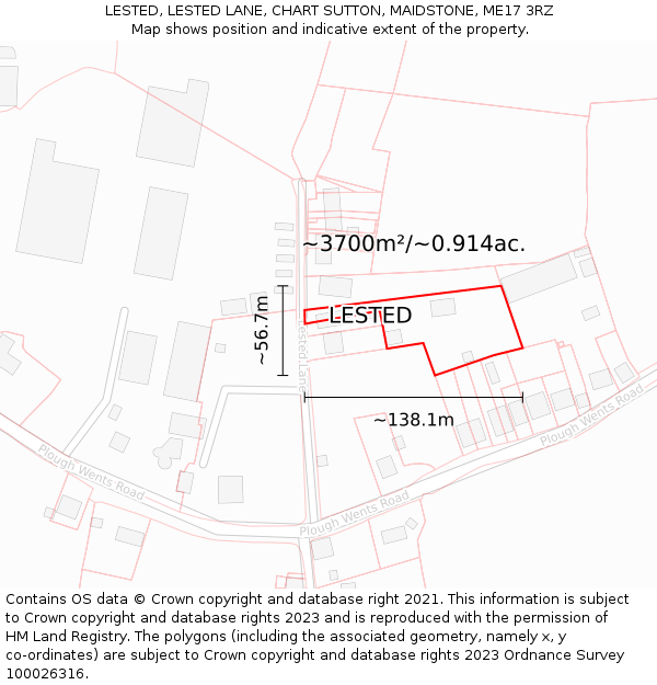 LESTED, LESTED LANE, CHART SUTTON, MAIDSTONE, ME17 3RZ: Plot and title map