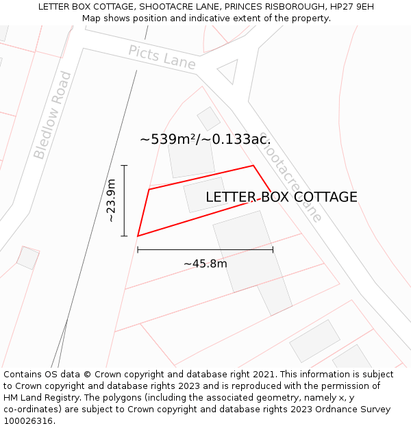 LETTER BOX COTTAGE, SHOOTACRE LANE, PRINCES RISBOROUGH, HP27 9EH: Plot and title map