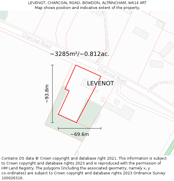 LEVENOT, CHARCOAL ROAD, BOWDON, ALTRINCHAM, WA14 4RT: Plot and title map