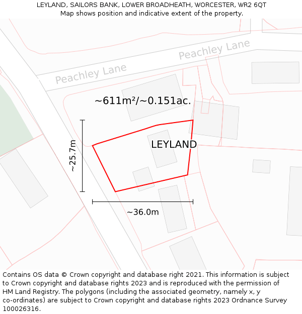 LEYLAND, SAILORS BANK, LOWER BROADHEATH, WORCESTER, WR2 6QT: Plot and title map