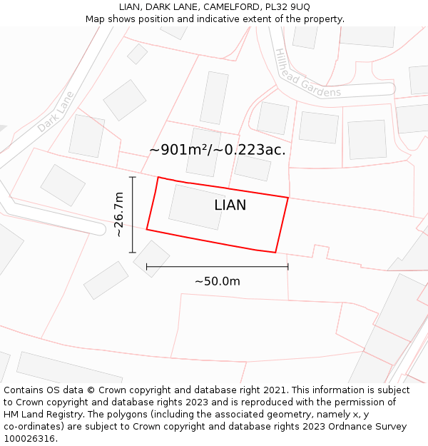 LIAN, DARK LANE, CAMELFORD, PL32 9UQ: Plot and title map