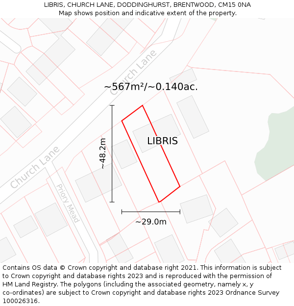 LIBRIS, CHURCH LANE, DODDINGHURST, BRENTWOOD, CM15 0NA: Plot and title map